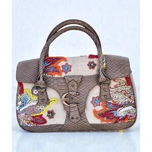 VINTAGE Just Cavalli Italy Beaded Embroidered Python Leather Magnetic Satchel